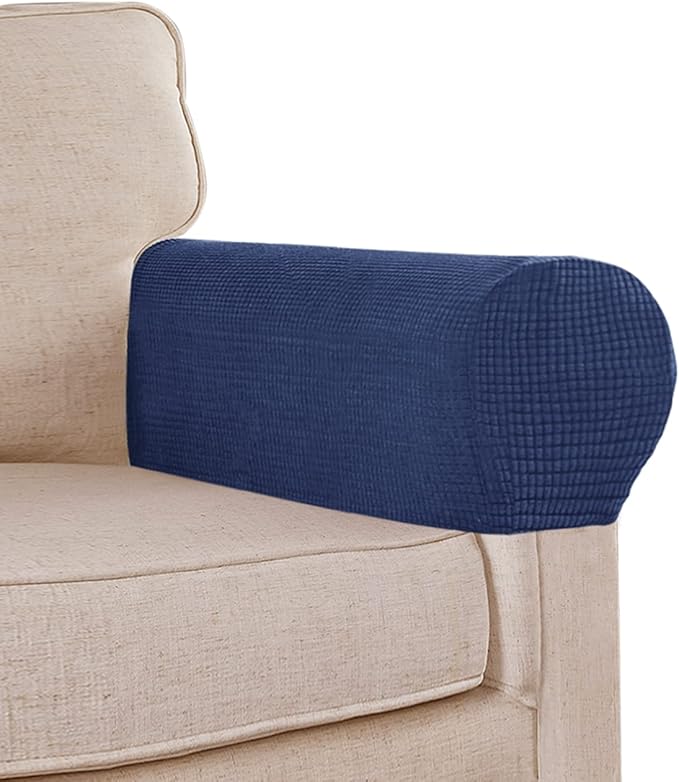 Stretch Sofa Arm Covers Spandex Jacquard Anti-Slip Couch Arm Covers with Sticker Furniture Armrest Protector for Sofa Couch Chair Recliner, Set of 2, Navy