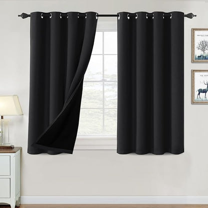 H.VERSAILTEX 100% Blackout Curtains for Bedroom Thermal Insulated Blackout Curtains 45 inch Length Full Light Blocking Window Drapes for Living Room with Black Liner 2 Panels Set, Jet Black
