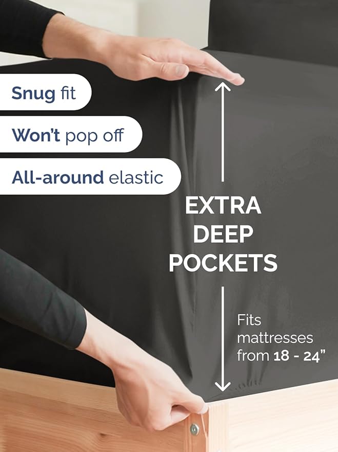 Extra Deep Twin Fitted Sheet - Hotel Luxury Single Fitted Sheet Only - Easily Fits 18 inch to 24 inch Mattress - Ultra Soft, Wrinkle & Fade Free w/Extra Deep Pockets - Breathable & Comfy - Charcoal