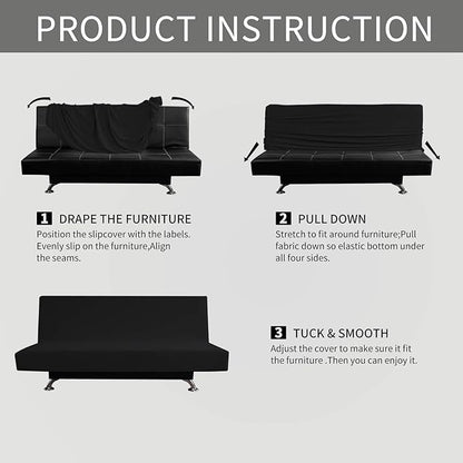 Easy-Going Stretch Futon Slipcover Armless Futon Bed Cover Furniture Protector Without Armrests with Elastic Bottom for Kids, Soft Jacquard Fabric Small Checks (Large, Black)