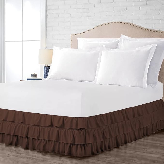 Multi-Ruffle Bed Skirt, Soft Multi Elastic Dust Ruffles with Wrap Around Bed Skirt Easy Fit with 18 Inch Drop 100% Cotton 800 Thread Count (Olympic Queen, Chocolate)