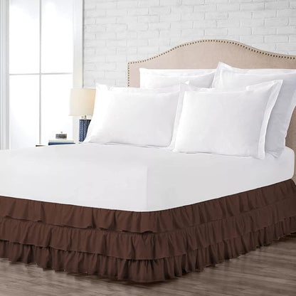 Multi-Ruffle Bed Skirt, Soft Multi Elastic Dust Ruffles with Wrap Around Bed Skirt Easy Fit with 18 Inch Drop 100% Cotton 800 Thread Count (Full, Chocolate)