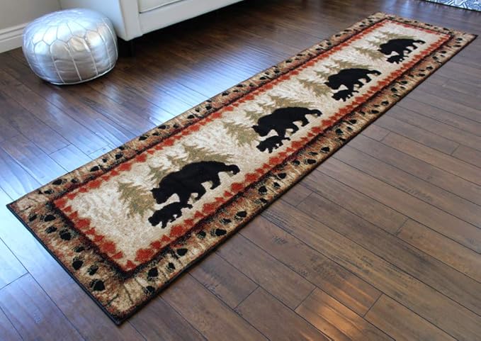 Masada Rugs, Cabin Lodge Area Rug Bear and Cub Scene (2 Feet 8 Inch X 10 Feet) Runner