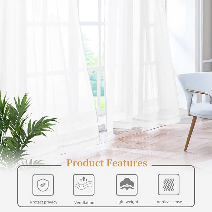 White Sheer Curtains 84 Inches Long 2 Panels, Rod Pocket Short Curtain for Kitchen, Bedroom, Cafe Window(White 38" W x 84" L)
