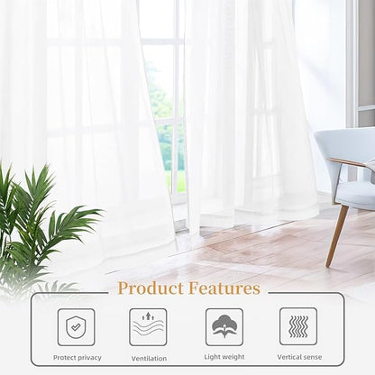 White Sheer Curtains 84 Inches Long 2 Panels, Rod Pocket Short Curtain for Kitchen, Bedroom, Cafe Window(White 38" W x 84" L)