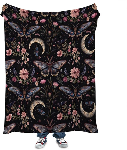 Moon Moth Throw Blanket 70"x80" Soft Cozy Lightweight Flannel,Mystical Night Garden Botanical Celestial Blankets Gifts for Women Gothic Witchy Blanekts for Couch Office Travel Home Decor