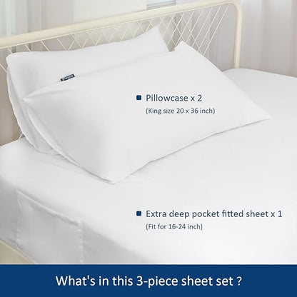 Moonsea Extra Deep Pocket Air Mattress King Sheet Set - 3Pcs Side Storage Pocket Fitted Sheet & Pillowcase King Size Deep Pocket Sheet Set Easily Fits 16in to 24in Pillow Top Air Bed Mattress-White