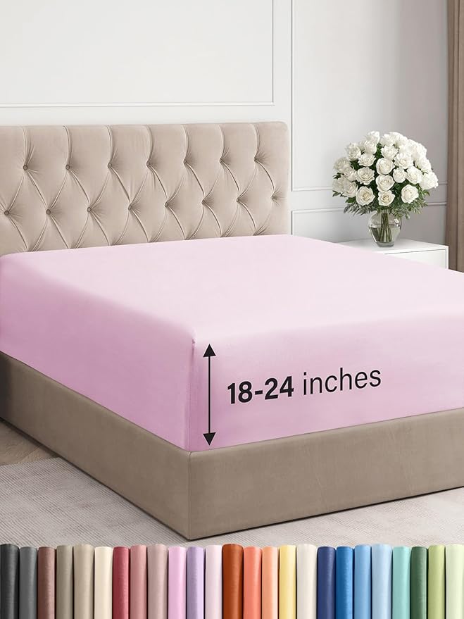 Extra Deep Cal King Fitted Sheet - Hotel Luxury Single Fitted Sheet Only - Easily Fits 18 inch to 24 inch Mattress - Ultra Soft, Wrinkle Free with Extra Deep Pockets - Breathable & Comfy - Light Pink