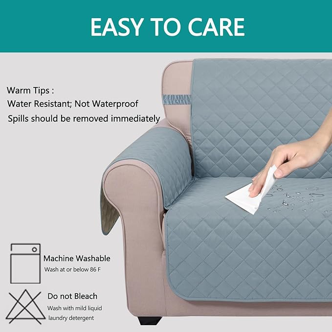 U-NICE HOME Recliner Chair Covers Reversible Chair Cover Pet Covers for Dogs with Elastic Straps Water Resistant Diamond Quilted (28''Recliner Oversized, Light Blue/Beige)