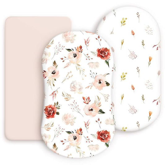 Stretchy Ultra Soft Bassinet Fitted Sheets 3 Pack, Universal Fitted for Bassinets Oval Rectangle Mattress, Pretty Bassinet Sheets for Baby Girls, Watercolor Rose Flora Orange Pink