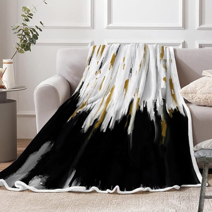 Abstract Ombre Throw Blankets, Modren Chic Art Oil Painting Cozy Warm Bed Couch Blanket, Black Gold White Fleece Flannel Throws to Decorate The Room and Bedroom