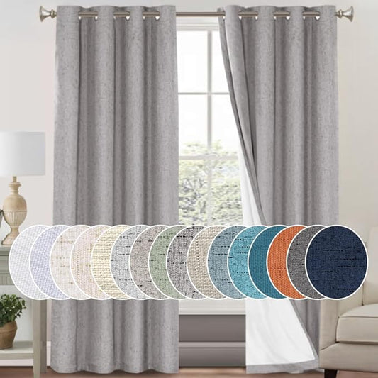 Linen Textured 100% Blackout Curtains for Bedroom/Living Room Energy Saving Window Treatment Curtain Drapes, Burlap Fabric with White Thermal Insulated Liner (2 Panels, 52 x 96 Inch, Light Grey)