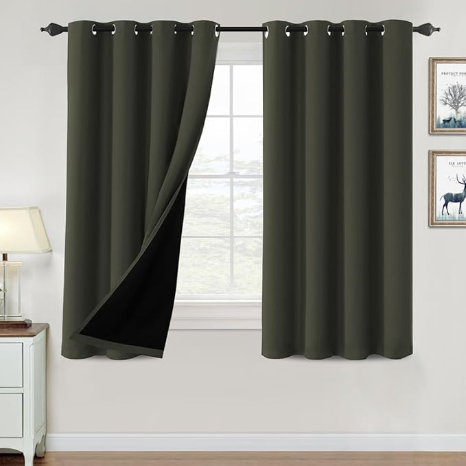H.VERSAILTEX 100% Blackout Curtains for Bedroom Thermal Insulated Blackout Curtains 54 inch Length Heat and Full Light Blocking Curtains for Living Room with Black Liner 2 Panels Set, Olive