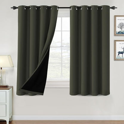 H.VERSAILTEX 100% Blackout Curtains for Bedroom Thermal Insulated Blackout Curtains 54 inch Length Heat and Full Light Blocking Curtains for Living Room with Black Liner 2 Panels Set, Olive