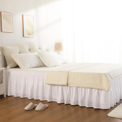 RIMELA Bed Skirting Queen Size White Bed Skirt 21 Inch Drop, Wrap Around Elastic Adjustable Bedskirt, Dust Ruffle for Bed Frame & Box Spring Soft Durable Fabric Machine Washable Easy to Install