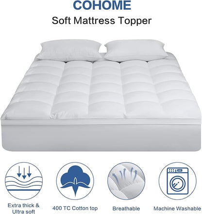 COHOME Twin Size Mattress Topper Extra Thick Cooling Mattress Pad 400TC Cotton Top Plush Down Alternative Fill Pillow Top Mattress Cover with 8-21 Inch Deep Pocket (39x75 Inches, White-Classic)