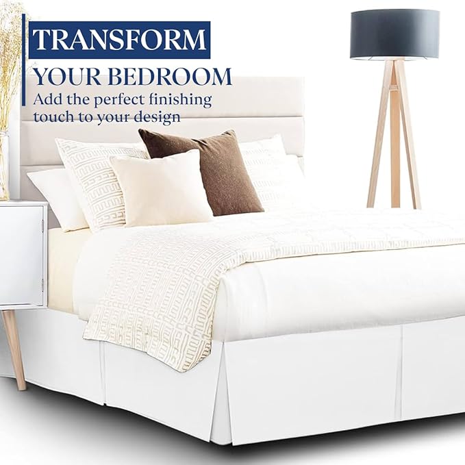 SKY BEDDINGS Luxury Pleated Queen Bed Skirt with Split Corners - 12 Inch Tailored Drop - Pleated Dust Ruffle - Wrinkle-Free 100% Microfiber - Easy Fit, Soft & Durable - White