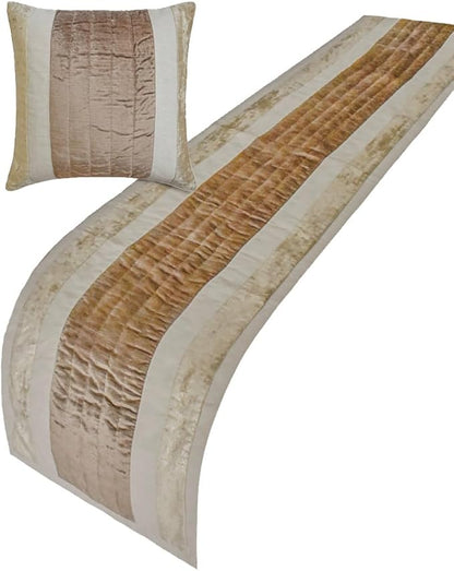 The HomeCentric King/Queen/Twin Beige Designer Twin 53"x18" Bed Runner Without Pillow Cover, Velvet & Patchwork Bed Scarf on Velvet Fabric - Luxe Velvet Lines