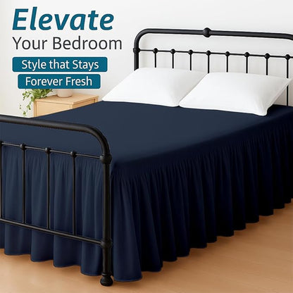 Shreem Linen Ruffled Bed Skirt with Split Corners, Gathered Style, 100% Microfiber, 12-Inch Drop, Dust Ruffle Bedskirt with Platform, King, Navy Blue