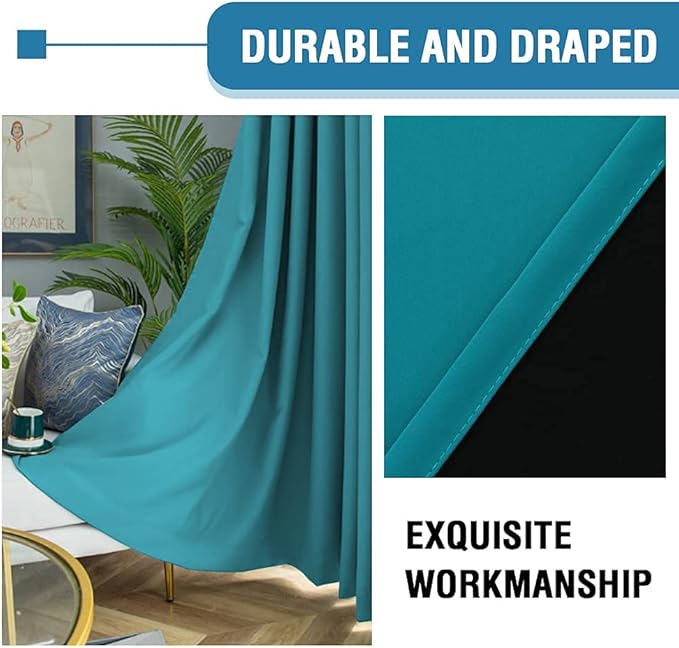 H.VERSAILTEX 100% Blackout Curtains for Bedroom Thermal Insulated Blackout Curtains 108 inch Length Heat and Full Light Blocking Curtains for Living Room with Black Liner 2 Panels Set, Turquoise Blue