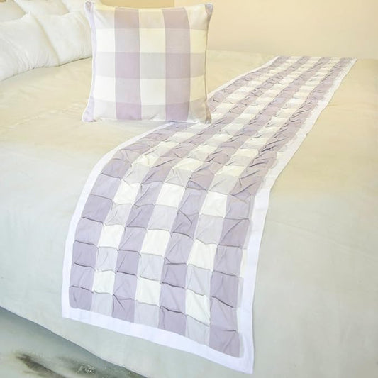 The HomeCentric King/Queen/Twin Lavender Decorative Bed Runner CA King 86"x18" Bed Runner with Two Pillow Cover, Checkered, Buffalo Plaid, Check Bed Scarf on Cotton Fabric - Lavender Plaid Knots