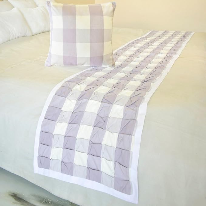 The HomeCentric King/Queen/Twin Lavender Decorative Bed Runner Full 68"x18" Bed Runner with Two Pillow Cover, Checkered, Buffalo Plaid, Check Bed Scarf on Cotton Fabric - Lavender Plaid Knots