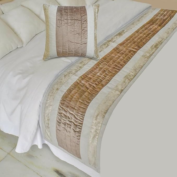 The HomeCentric King/Queen/Twin Beige Designer Twin 53"x18" Bed Runner with Two Pillow Cover, Velvet & Patchwork Bed Scarf on Velvet Fabric - Luxe Velvet Lines