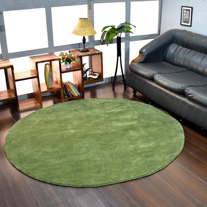 Hand Knotted Loom Wool ECO-Friendly Area Rugs - 8'x8', Round, Green Color, Solid Plain Design, High Pile Thick Handmade Anti Skid Area Rugs for Living Room, Bed Room (L00111)