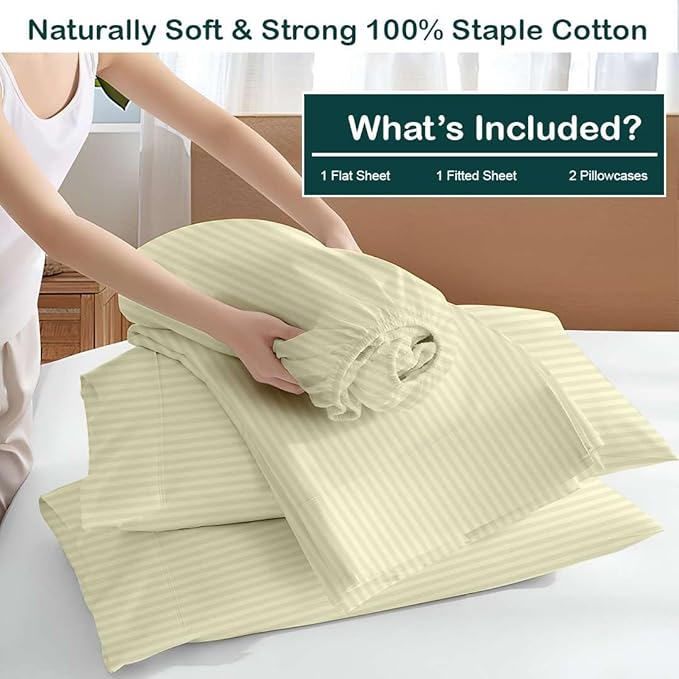 NON Sticky cotton Twin Size Sleeper Sofa Sheets, 4 Piece Egyptian Cotton Bed Sheet Set for Sofa Bed, 8" Deep Pocket for Pull Out Couch Mattress, 39" x 75", Ivory Stripe, Soft & Breathable