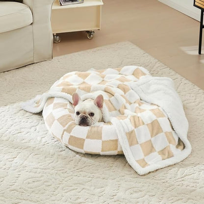 Checkered Dog Blanket, Beige Khaki Jacquard Sherpa Blankets for Small Dog and Cats, Cute Aesthetic Style Fluffy Fleece Pets Blanket for Couch Protection Washable, 30"x40"