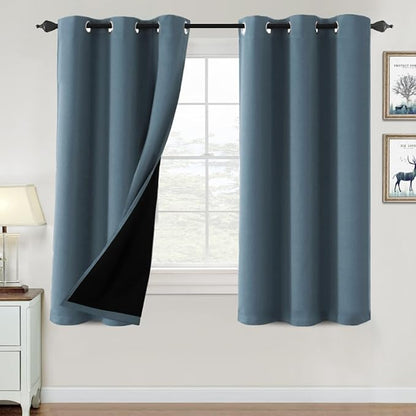 H.VERSAILTEX 100% Blackout Curtains for Bedroom Thermal Insulated Blackout Curtains 63 inch Length Heat and Full Light Blocking Curtains for Living Room with Black Liner 2 Panels Set, Stone Blue