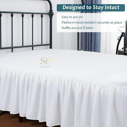 Shreem Linen Ruffled Bed Skirt with Split Corners, Gathered Style, 100% Microfiber, 15-Inch Drop, Dust Ruffle Bedskirt with Platform, Short Queen, White