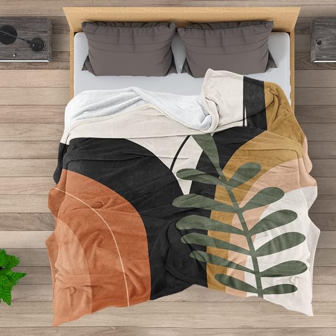 Boho Mid Century Blankets Black Geometric Throws Beige Abstract Modern Throw Blanket Minimalist Sun Soft Warm Bed Bedding Blankets for Couch Bedroom Sofa Office Cozy Flannel Blanket 60"X80"