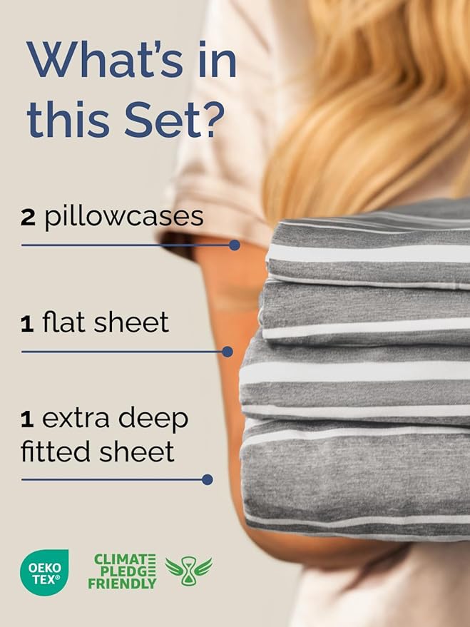 Extra Deep Pocket Queen Sheet Set - 4 Piece Breathable & Cooling Bed Sheets - Hotel Luxury Sheet Set - Ultra Soft, Wrinkle Free & Comfy - Fits Extra Deep Mattresses - Deep Pocket Grey Stripes 3 Sheets