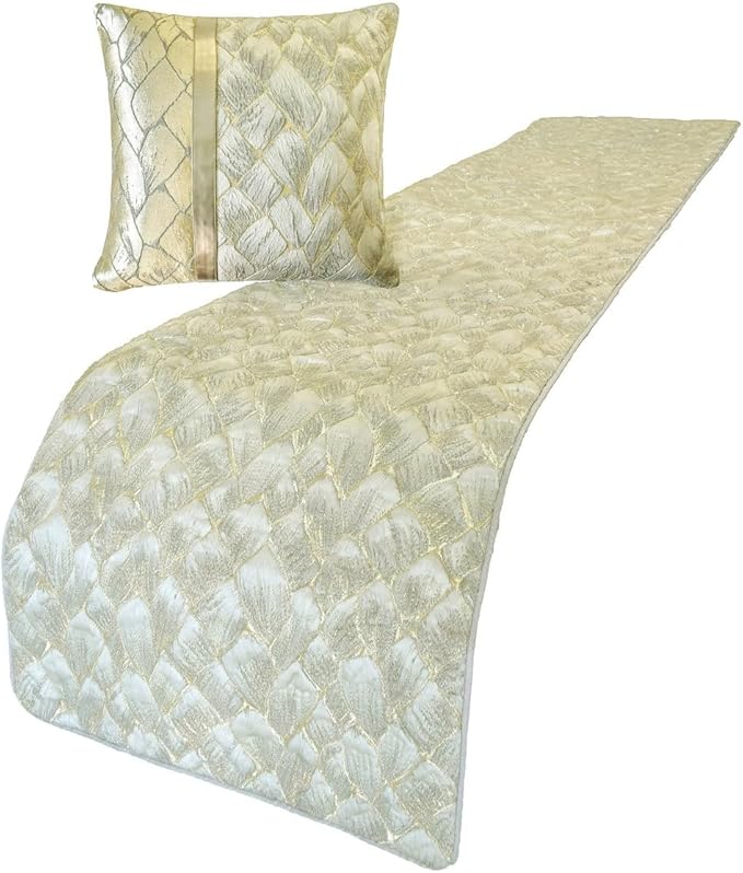 The HomeCentric King/Queen/Twin Ivory & Gold Decorative CA King 86"x18" Bed Runner with Pillow Cover, Patchwork, Quilted, Jacquard Foil Bed Scarf on Jacquard Fabric - Spinzar