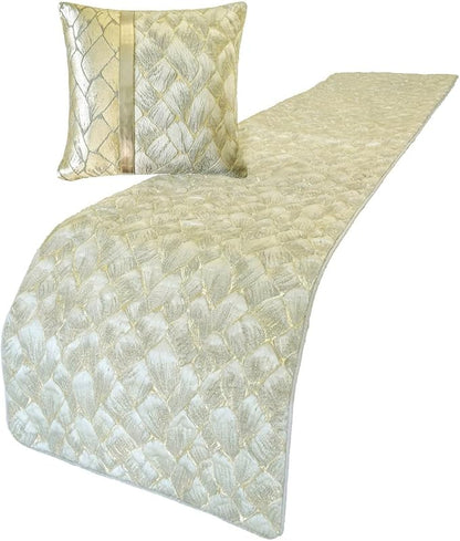 The HomeCentric King/Queen/Twin Ivory & Gold Decorative CA King 86"x18" Bed Runner with Pillow Cover, Patchwork, Quilted, Jacquard Foil Bed Scarf on Jacquard Fabric - Spinzar