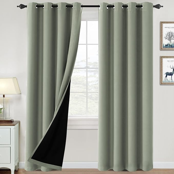 H.VERSAILTEX 100% Blackout Curtains for Bedroom Thermal Insulated Blackout Curtains 108 inch Length Heat and Full Light Blocking Curtains for Living Room with Black Liner 2 Panels Set, Light Sage