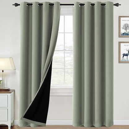 H.VERSAILTEX 100% Blackout Curtains for Bedroom Thermal Insulated Blackout Curtains 108 inch Length Heat and Full Light Blocking Curtains for Living Room with Black Liner 2 Panels Set, Light Sage