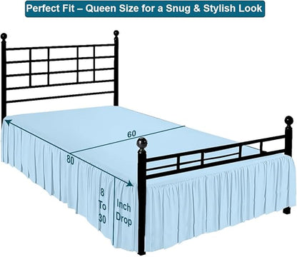 Shreem Linen Ruffled Bed Skirt with Split Corners, Gathered Style, 100% Microfiber, 21-Inch Drop, Dust Ruffle Bedskirt with Platform, Queen, Light Blue
