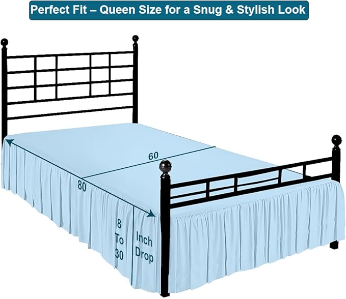 Shreem Linen Ruffled Bed Skirt with Split Corners, Gathered Style, 100% Microfiber, 18-Inch Drop, Dust Ruffle Bedskirt with Platform, Queen, Light Blue