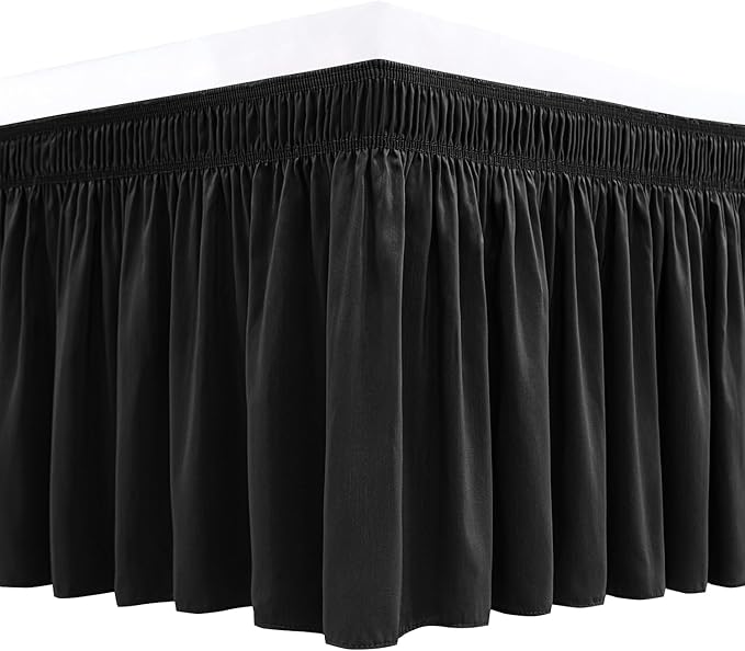 Biscaynebay Wrap Around Bed Skirts for Full & Full XL Beds 15" Drop, Black Adjustable Elastic Dust Ruffles Easy Fit Wrinkle & Fade Resistant Silky Luxurious Fabric Machine Washable