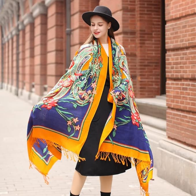 DANA XU 100% Merino Wool Extra Large Pashmina Blanket Travel Scarf Cashmere Wrap for Women Fall Winter Oversize Shawl Floral