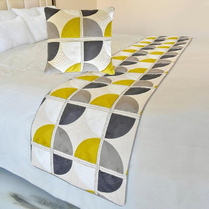 The HomeCentric King/Queen/Twin Yellow & Grey Designer Full 68"x18" Bed Runner Without Pillow Cover, Emboroidered, Quilted & Geometric Bed Scarf on Cotton Fabric - Geo Fusion