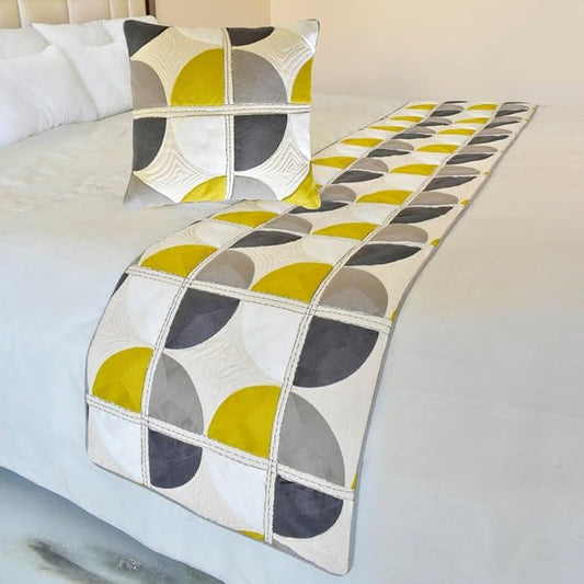The HomeCentric King/Queen/Twin Yellow & Grey Designer Full 68"x18" Bed Runner Without Pillow Cover, Emboroidered, Quilted & Geometric Bed Scarf on Cotton Fabric - Geo Fusion