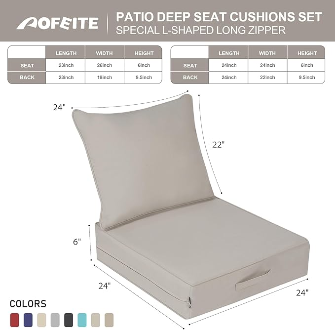 Outdoor Olefin Water-Resistant Deep Seat Cushion Set, 2PCS Weather and Fade Resistant 24''x 24''x 6'' Patio Furniture Seat Cushion, Thickened Sofa Chair Pad for Lawn, Garden, Gray Apricot