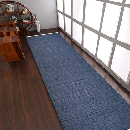 Rugsotic Carpets Hand Woven Flat Weave Kilim Wool ECO-Friendly Area Rugs - 2'6"x8', Runner Shape, Blue Color, Solid Plain Design, Low Pile Handmade Area Rugs for Living Room, Bed Room (D00111)