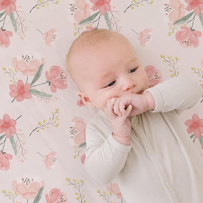 BROLEX Baby Fitted Crib Sheets: Kid Crib Sheets - Set of 2 for Toddler Standard Size Crib Mattress for Boys and Girls - Jersey Knit Crib Bed Sheets Pink Blossom