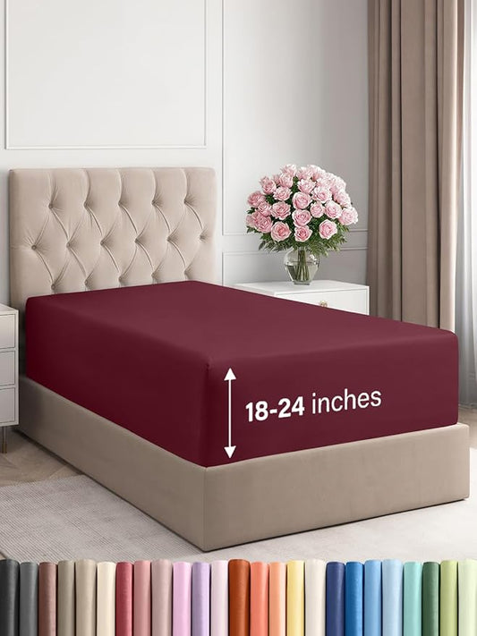 Extra Deep Twin XL Fitted Sheet - Hotel Luxury Single Fitted Sheet Only - Easily Fits 18 inch to 24 inch Mattress - Ultra Soft, Wrinkle & Fade Free w/Extra Deep Pocket - Breathable & Comfy - Burgundy