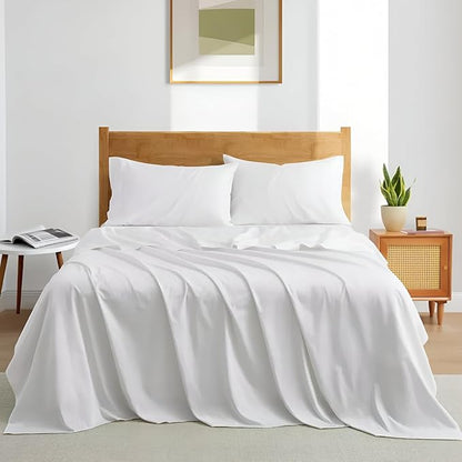 Queen Sheet Set - Luxury 338 Thread Count Sateen, 100% Egyptian Cotton Deep Pocket Queen Sheets with All Around Elastic for a, Hotel Quality Bedding Set (White Solid)