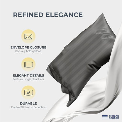 THREAD SPREAD Egyptian Cotton Sheets King Size - 1500 Thread Count 4 PC Damask Sheet Set Egyptian Cotton, Luxury Sheet King Size, Soft, Cooling Deep Pocket Sheets, Fits Upto 19" - Dark Grey Stripe